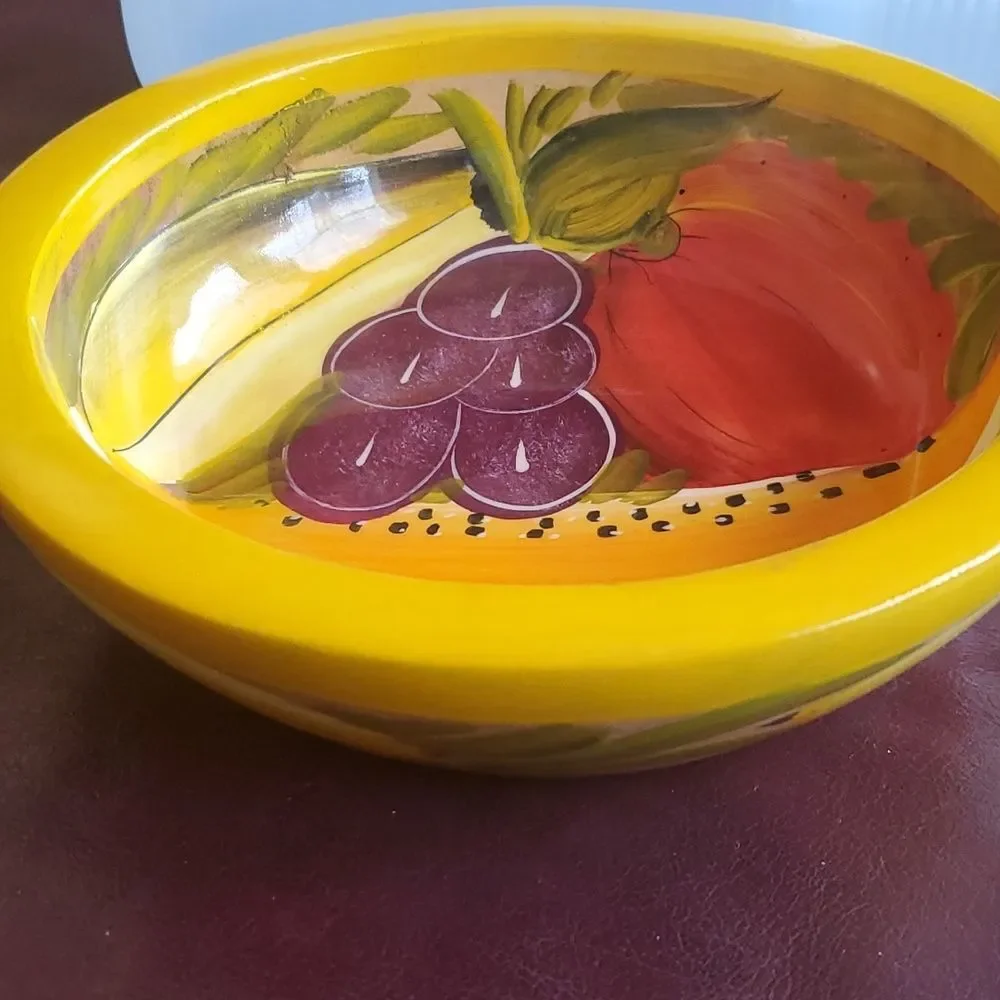 Painted Wood Bowl - fruit grape, apple, watermelon and lemons